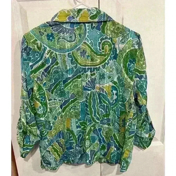 Alfred Dunner Ocean Print Button Down Blouse Sz 10P 3/4 Roll-up Sleeves - Picture 2 of 7